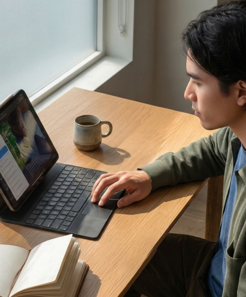 Homme utilisant un ordinateur reconditionné – informatique locale et responsable avec Nevolit près de Lyon